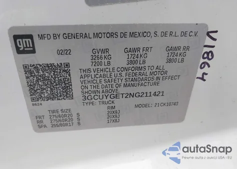 2022 Chevrolet Silverado 1500 Ltd 4Wd Standard Bed Ltz z USA, uszkodzony, nr VIN 3GCUYGET2NG211421